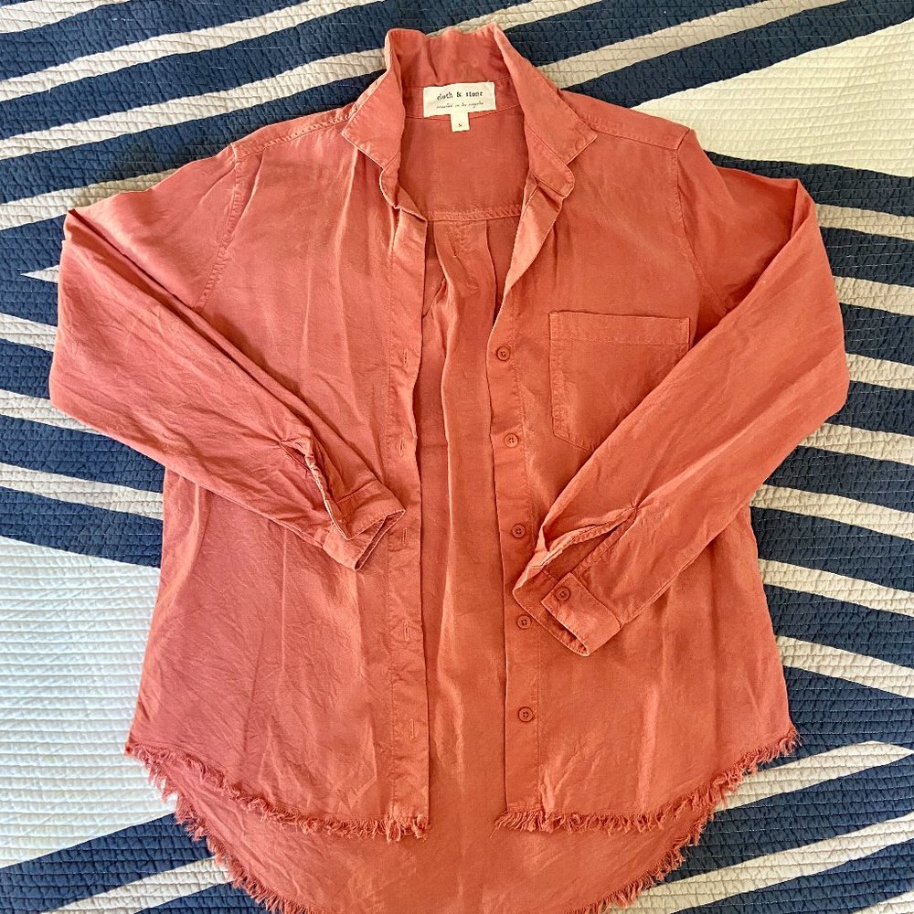 Cloth & Stone Anthropologie Orange Button Up Shirt with Fringe
